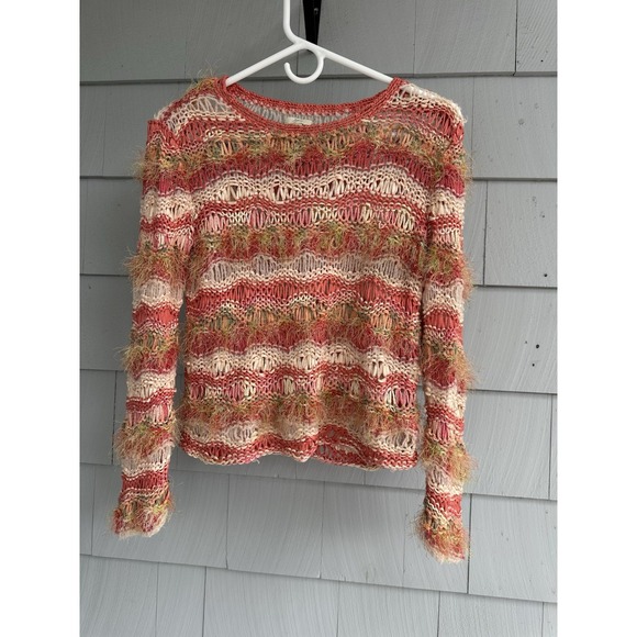 J.Jill Hand‎ Knit Sweater XS Boho Silk Blend Open Weave Artisan Pullover Coral - Picture 1 of 6